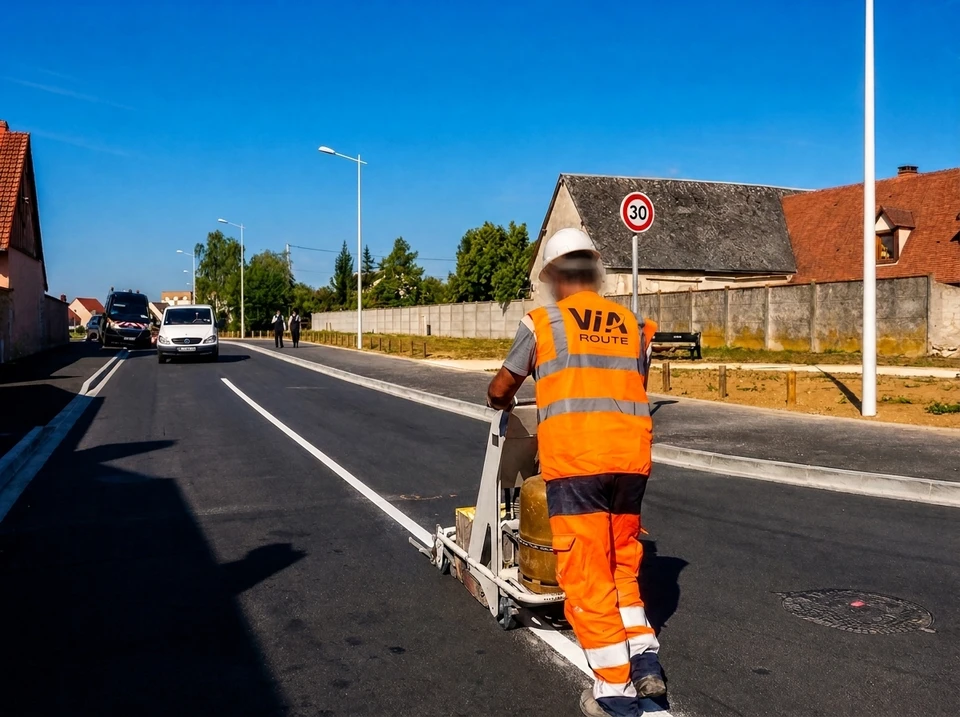 Voie d'accès neuve en enrobé bitumineux noir, vue en perspective convergente