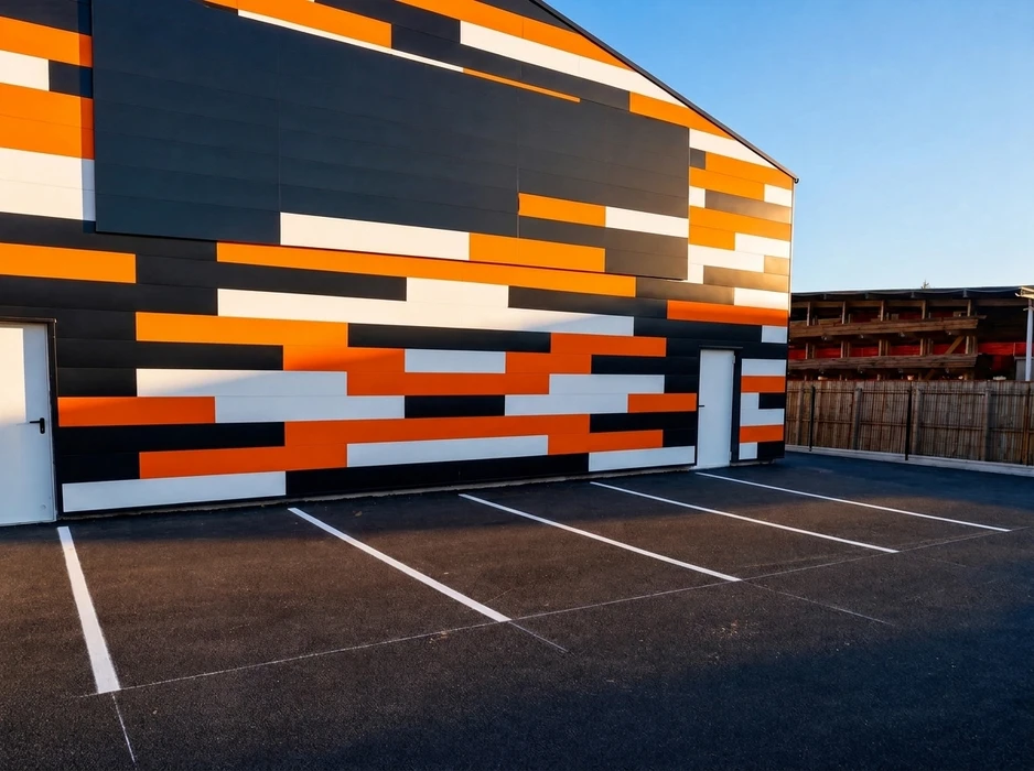 Parking extérieur neuf devant un bâtiment commercial