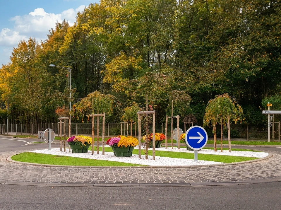 Cour d'école primaire vue aérienne, marquages au sol colorés simulant un réseau routier pédagogique : voies rouges, passages piétons, rond-point, panneaux de signalisation peints