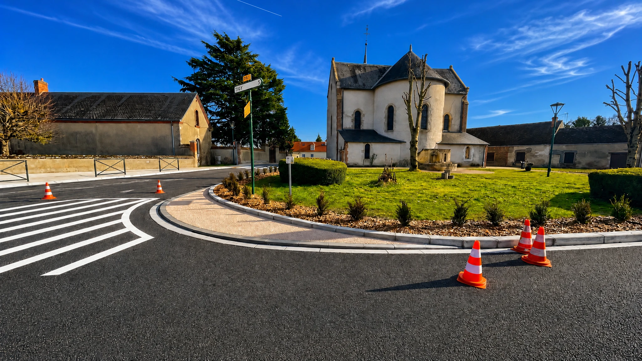 Photographie d'un site de travaux routier montrant l'équipe ViaRoute en action - plusieurs techniciens en gilet haute visibilité orange marqué "VIA ROUTE" et "ECOSIGNE" appliquant ensemble des marquages au sol sur une chaussée bitumineuse neuve, avec des véhicules de l'entreprise portant les deux logos côte à côte. Arrière-plan montrant un paysage de Beauce ou Sologne typique du Loiret et de l'Eure-et-Loir (champs, haies bocagères, petits villages). L'image doit transmettre l'idée de croissance, de nouvelles capacités et d'expansion régionale.