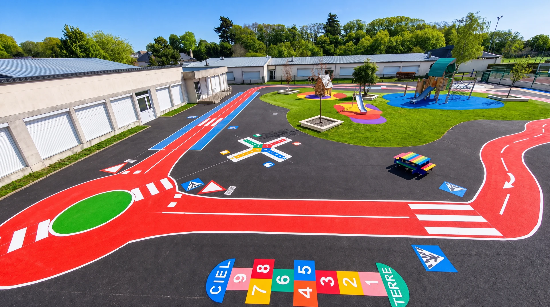 Photographie réelle d'une cour d'école extérieure avec marquage au sol coloré et ludique fraîchement appliqué. La scène montre des jeux peints sur l'asphalte (marelles, pavés de couleur, piste de circulation avec passages piétons) en peinture thermoplastique vive (rouge, bleu, jaune, vert). Des enfants jouent dans la cour entourée de clôtures métalliques. La lumière naturelle est bonne, montrant la qualité et la clarté des marquages. L'accent doit être mis sur la sécurité (passages piétons bien marqués) et l'embellissement de l'espace (jeux colorés et attrayants).