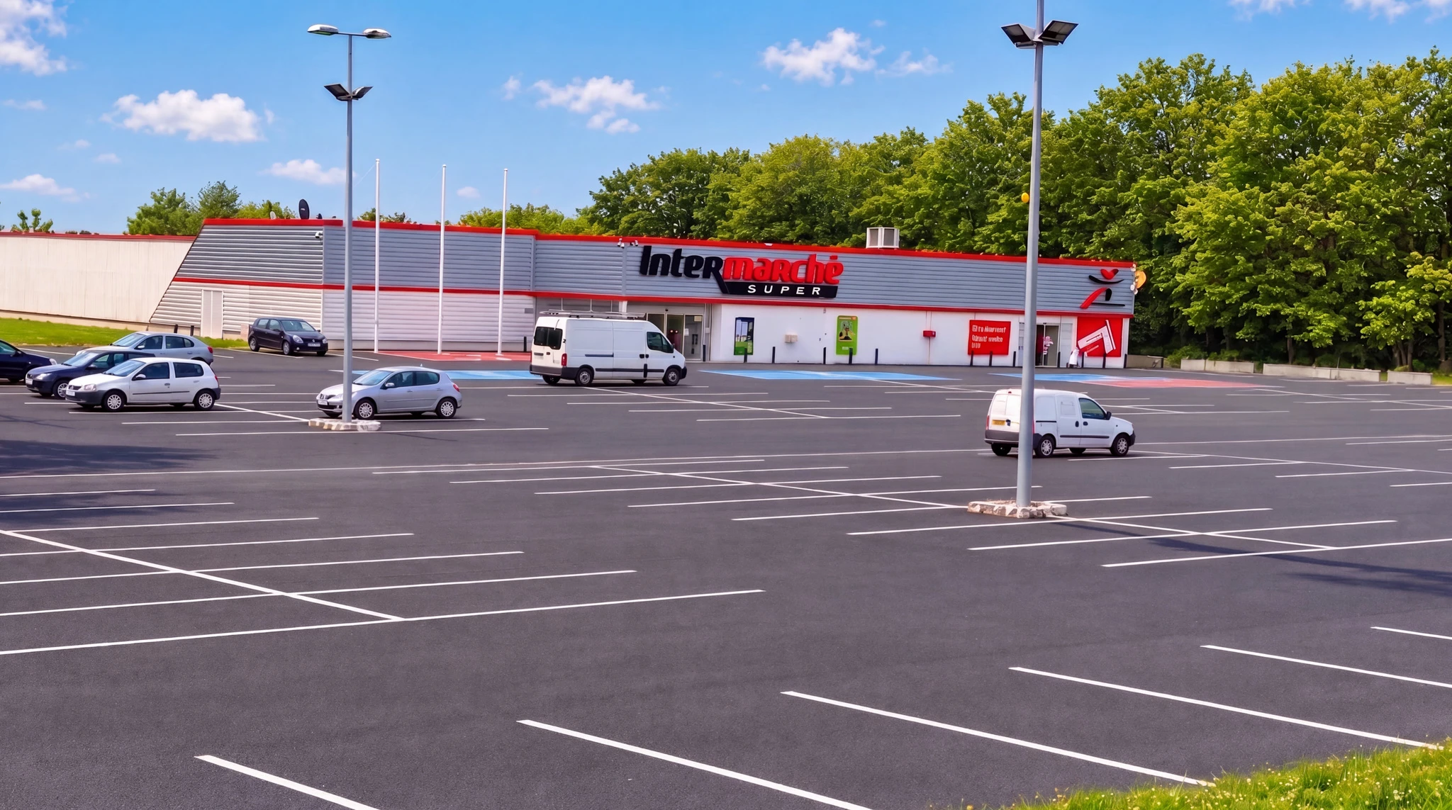 Parking extérieur neuf photographié en vue d'ensemble, montrant des places de stationnement clairement délimitées par des marquages au sol blancs en peinture thermoplastique fraîchement appliqués. Asphalte noir mat de qualité professionnelle, plusieurs véhicules stationnés régulièrement, îlot central avec végétation, bonne luminosité naturelle. L'image doit montrer l'ordre, la clarté et l'accessibilité du parking, sans présence d'équipement, machine ou véhicule portant une marque identifiable.