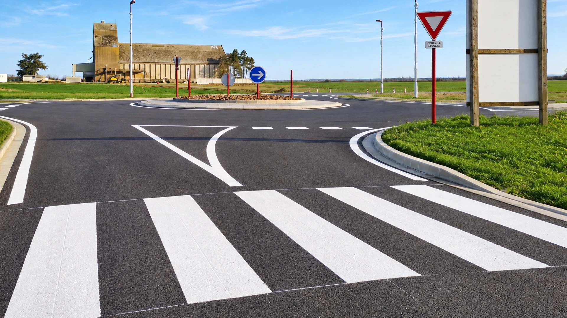 Route asphaltée à quatre voies avec marquage routier jaune et blanc, traversant un paysage montagneux verdoyant sous ciel bleu nuageux